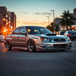 A stunning 2005 Subaru, expertly lowered to achieve a sleek and aggressive stance, featuring wide and striking aftermarket wheels that enhance its sporty appeal