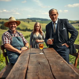 A scene depicting two men at a rustic wooden table outdoors