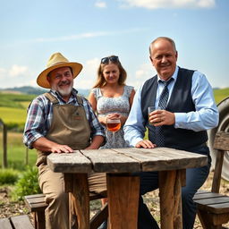 A scene depicting two men at a rustic wooden table outdoors