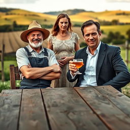 A scene depicting two men at a rustic wooden table outdoors
