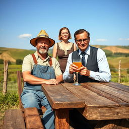 A scene depicting two men at a rustic wooden table outdoors