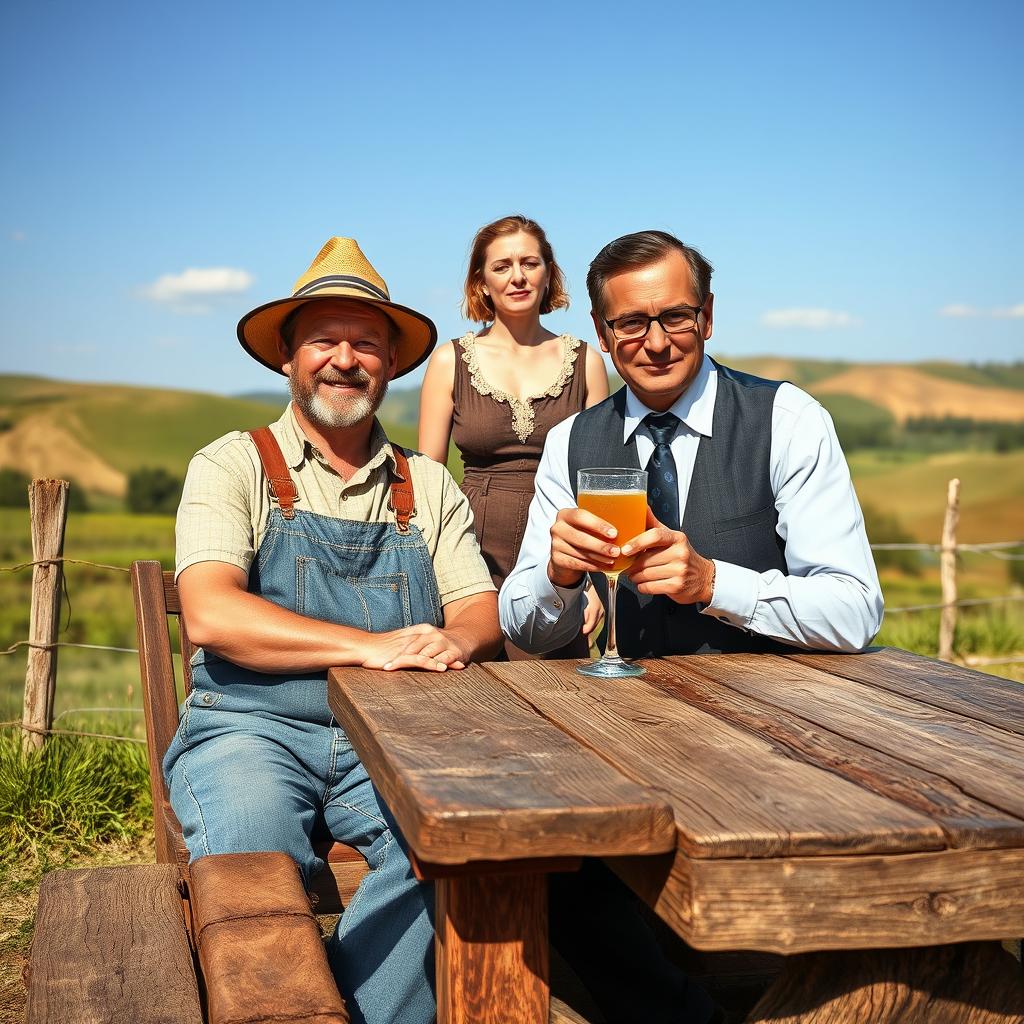 A scene depicting two men at a rustic wooden table outdoors