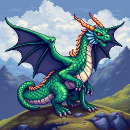 A vibrant and detailed pixel art representation of a dragon, featuring an intricately designed body with shimmering scales in shades of green and blue