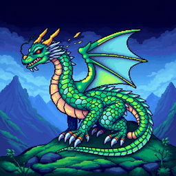 A vibrant and detailed pixel art representation of a dragon, featuring an intricately designed body with shimmering scales in shades of green and blue