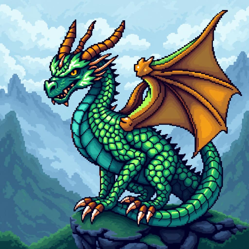 A vibrant and detailed pixel art representation of a dragon, featuring an intricately designed body with shimmering scales in shades of green and blue