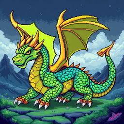 A vibrant and detailed pixel art representation of a dragon, featuring an intricately designed body with shimmering scales in shades of green and blue