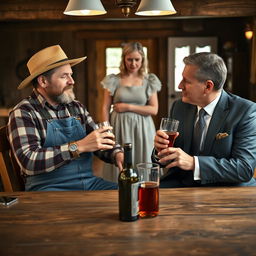 A scene featuring two men sitting at a rustic wooden table