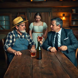 A scene featuring two men sitting at a rustic wooden table