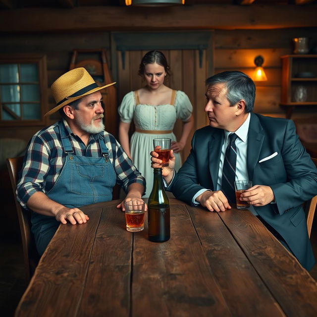 A scene featuring two men sitting at a rustic wooden table