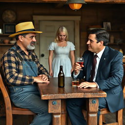 A scene featuring two men sitting at a rustic wooden table
