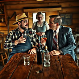 A scene featuring two men sitting at a rustic wooden table