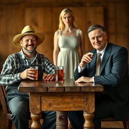 A scene featuring two men sitting at a rustic wooden table