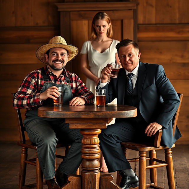 A scene featuring two men sitting at a rustic wooden table
