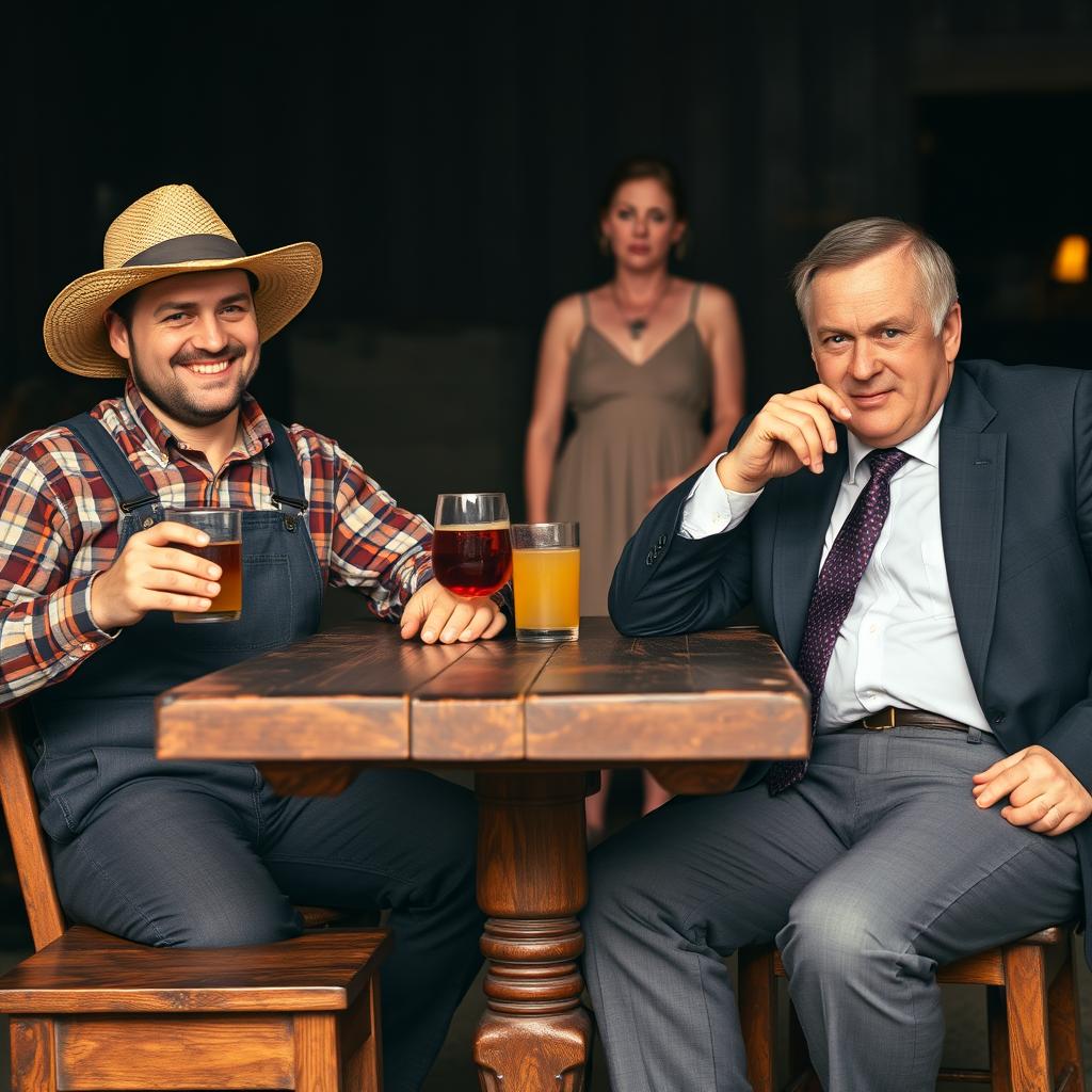 A scene featuring two men sitting at a rustic wooden table