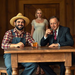 A scene featuring two men sitting at a rustic wooden table