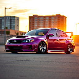 A striking 2010 Subaru, dramatically lowered to create an aggressive and sporty profile, featuring wide aftermarket wheels that enhance its performance-oriented design