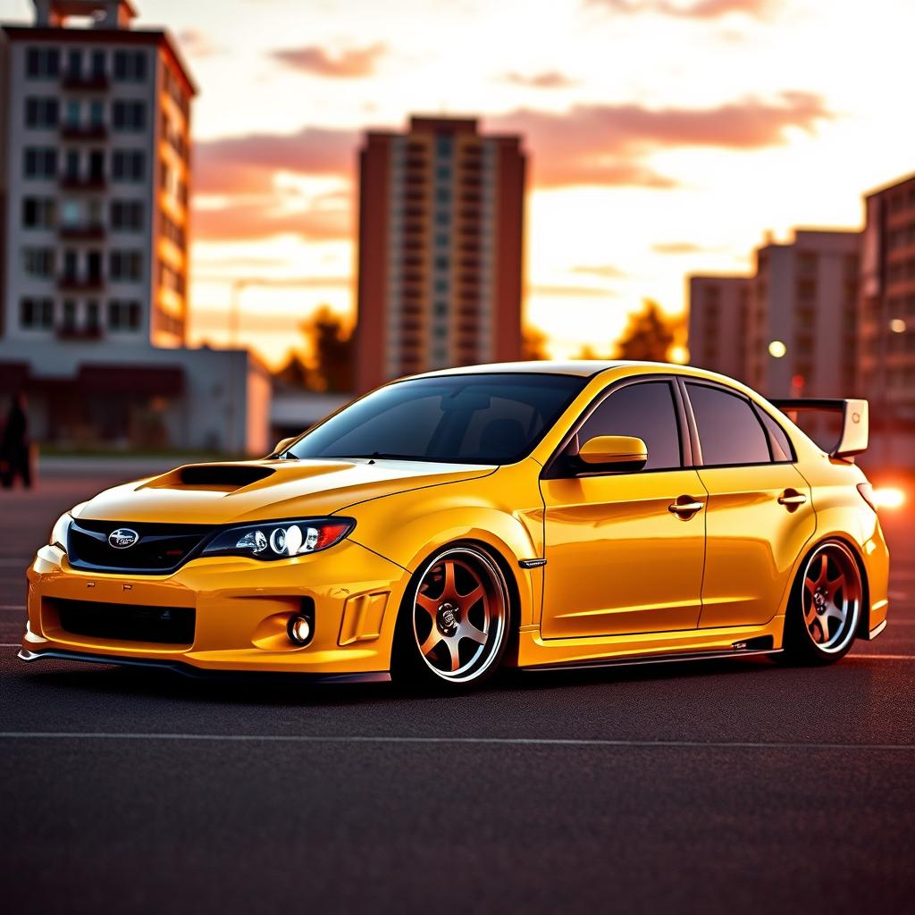 A striking 2010 Subaru, dramatically lowered to create an aggressive and sporty profile, featuring wide aftermarket wheels that enhance its performance-oriented design