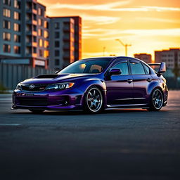 A striking 2010 Subaru, dramatically lowered to create an aggressive and sporty profile, featuring wide aftermarket wheels that enhance its performance-oriented design
