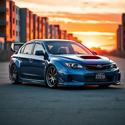 A striking 2010 Subaru, dramatically lowered to create an aggressive and sporty profile, featuring wide aftermarket wheels that enhance its performance-oriented design