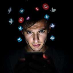 A dark background scene featuring a person intensely looking at their phone, displaying an expression of tension or distress