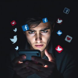 A dark background scene featuring a person intensely looking at their phone, displaying an expression of tension or distress