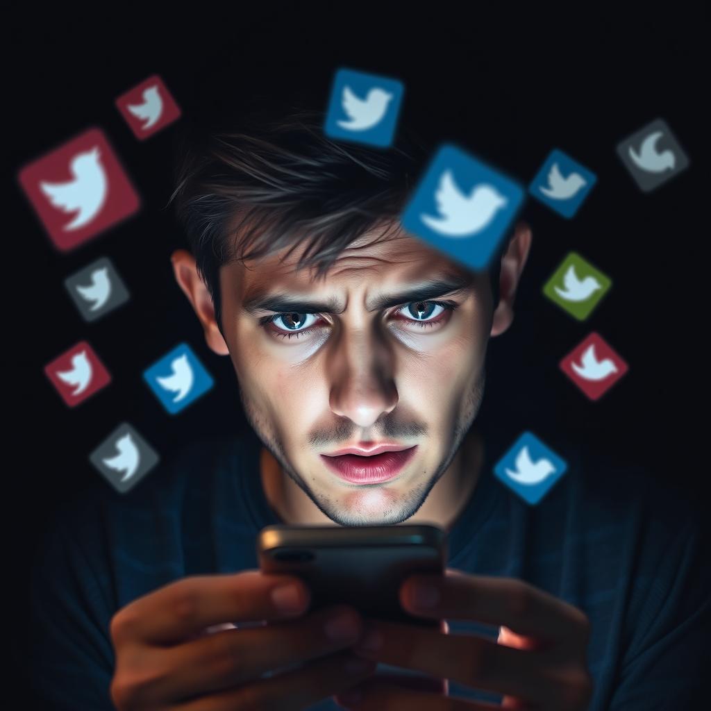 A dark background scene featuring a person intensely looking at their phone, displaying an expression of tension or distress