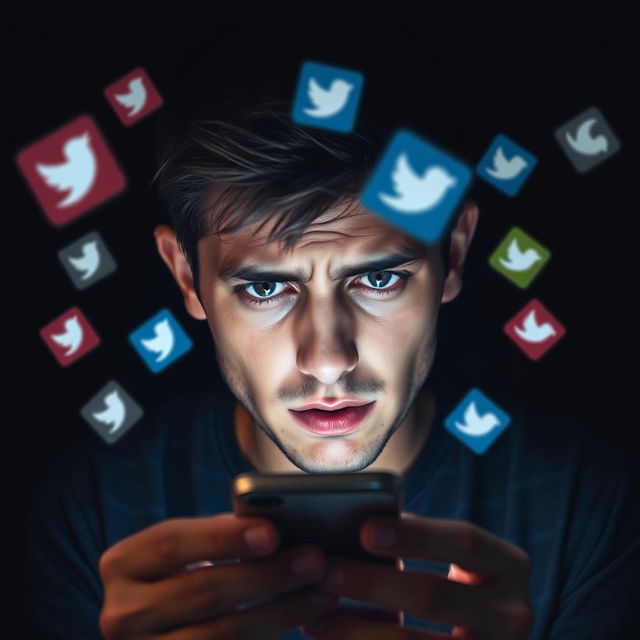 A dark background scene featuring a person intensely looking at their phone, displaying an expression of tension or distress