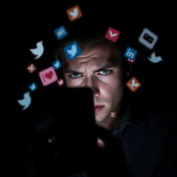 A dark background scene featuring a person intensely looking at their phone, displaying an expression of tension or distress