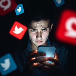 A person looking at their phone, displaying an expression of tension or distress, surrounded by floating social media icons that are partially obscured