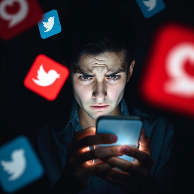 A person looking at their phone, displaying an expression of tension or distress, surrounded by floating social media icons that are partially obscured