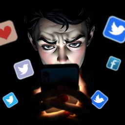 A person looking at their phone, displaying an expression of tension or distress, surrounded by floating social media icons that are partially obscured