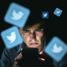 A person looking at their phone, displaying an expression of tension or distress, surrounded by floating social media icons that are partially obscured