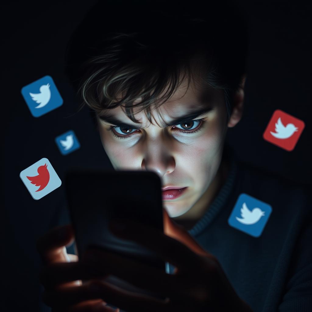 A person looking at their phone, displaying an expression of tension or distress, surrounded by floating social media icons that are partially obscured