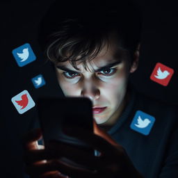 A person looking at their phone, displaying an expression of tension or distress, surrounded by floating social media icons that are partially obscured