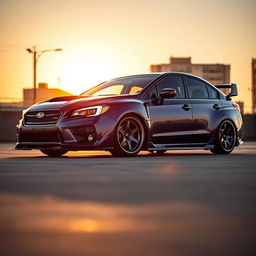 A striking 2015 Subaru, dramatically lowered to create a sleek and aggressive look, featuring wide aftermarket wheels that enhance its sporty design