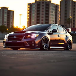 A striking 2015 Subaru, dramatically lowered to create a sleek and aggressive look, featuring wide aftermarket wheels that enhance its sporty design