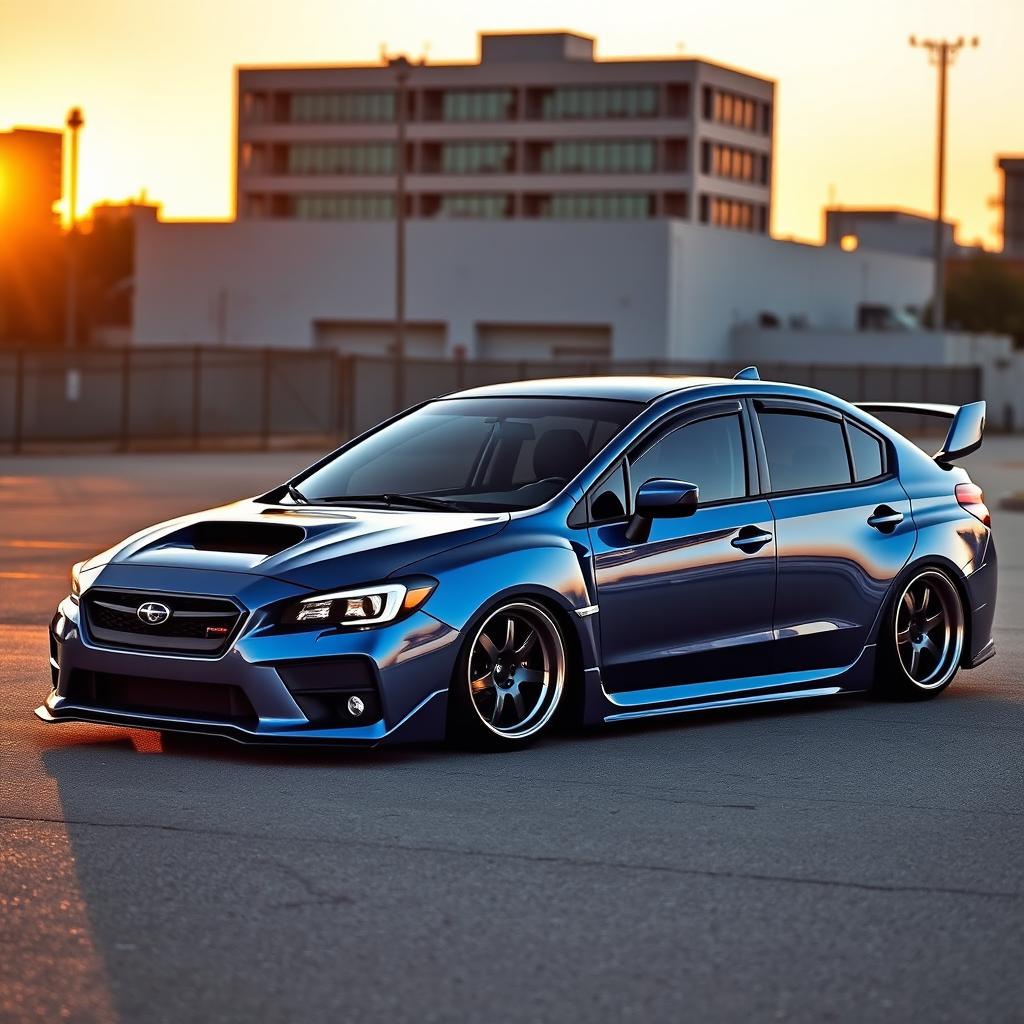 A striking 2015 Subaru, dramatically lowered to create a sleek and aggressive look, featuring wide aftermarket wheels that enhance its sporty design