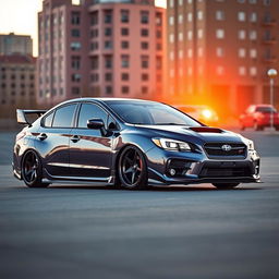 A striking 2015 Subaru, dramatically lowered to create a sleek and aggressive look, featuring wide aftermarket wheels that enhance its sporty design