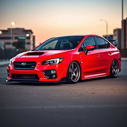 A captivating 2015 Subaru, dramatically lowered to showcase a sleek and aggressive profile, equipped with wide, stylish aftermarket wheels that amplify its sporty character