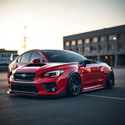 A captivating 2015 Subaru, dramatically lowered to showcase a sleek and aggressive profile, equipped with wide, stylish aftermarket wheels that amplify its sporty character