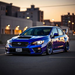 A captivating 2015 Subaru, dramatically lowered to showcase a sleek and aggressive profile, equipped with wide, stylish aftermarket wheels that amplify its sporty character