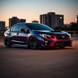 A striking 2020 Subaru, dramatically lowered for an aggressive stance, featuring wide aftermarket wheels that amplify its sporty appearance
