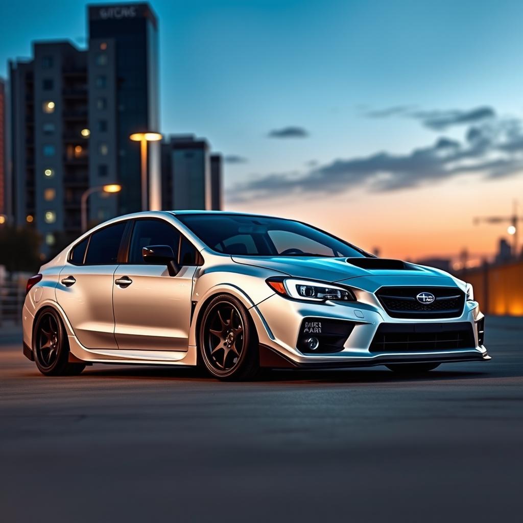 A striking 2020 Subaru, dramatically lowered for an aggressive stance, featuring wide aftermarket wheels that amplify its sporty appearance