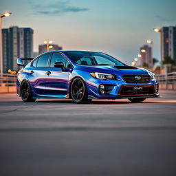 A striking 2020 Subaru, dramatically lowered for an aggressive stance, featuring wide aftermarket wheels that amplify its sporty appearance