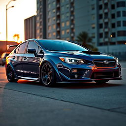 A stunning 2020 Subaru, low-slung with a pronounced stance, showcasing wide, bold aftermarket wheels that elevate its sporty aesthetics