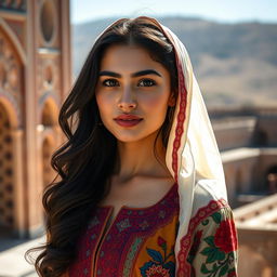 A striking portrait of a young Iranian woman, showcasing her cultural beauty and vibrant attire