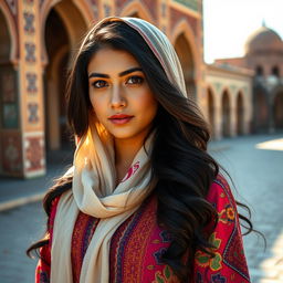 A striking portrait of a young Iranian woman, showcasing her cultural beauty and vibrant attire