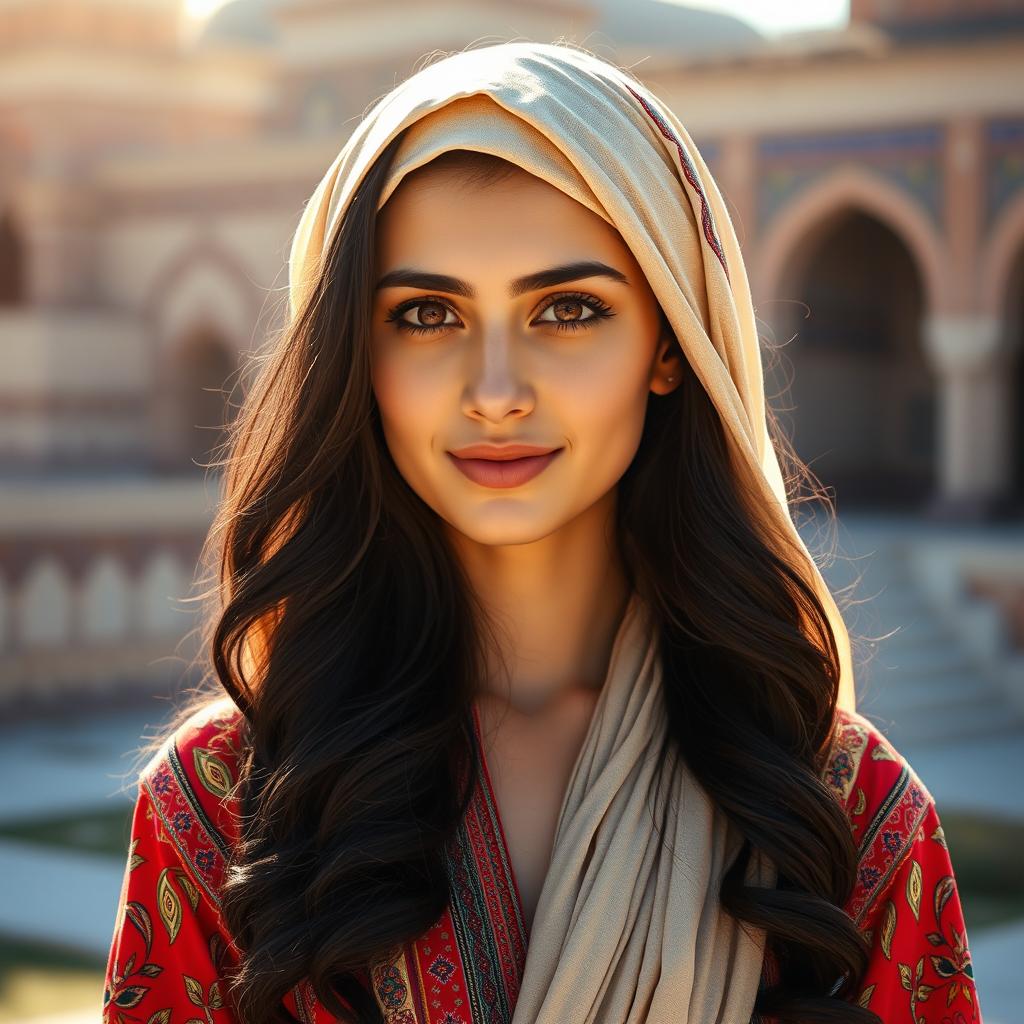 A striking portrait of a young Iranian woman, showcasing her cultural beauty and vibrant attire