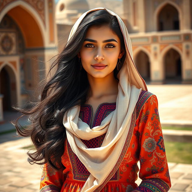 A striking portrait of a young Iranian woman, showcasing her cultural beauty and vibrant attire