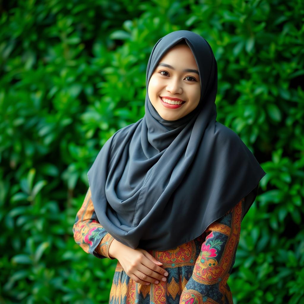 A young Indonesian woman wearing a colorful hijab, gracefully posed against a vibrant backdrop of lush greenery typical of Indonesia